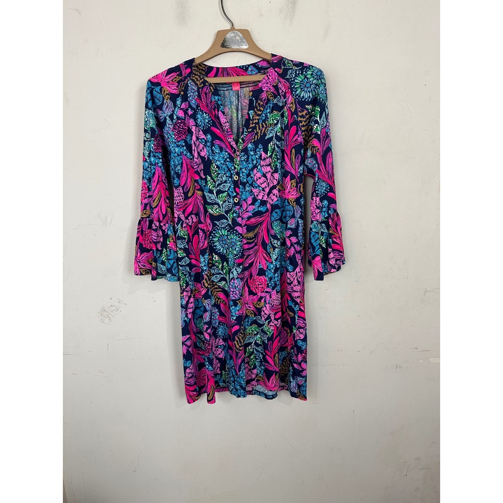 Lilly Pulitzer Norris Dress Navy Blue Pink Floral Cotton Bell 3/4 Sleeve Mini M